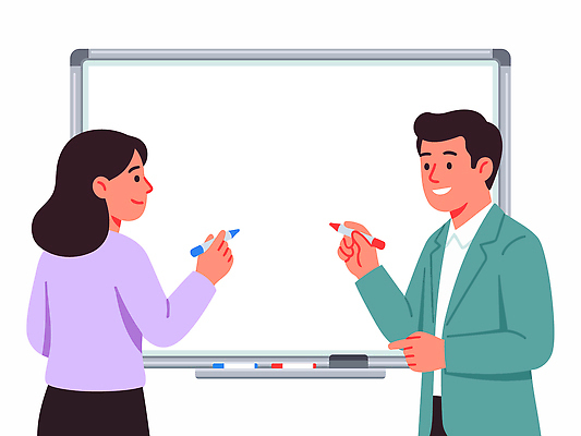 여자 교육 남자 일러스트 비즈니스 회의 협력 아이디어 직장 이야기 대화 설명 사람 칠판 만남 작업 발표 프레젠테이션 준비 화이트보드 소통 국내일러스트 AI파일 컨셉 회사 모션 말하기 파일형식 벡터
