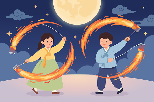 전통 문화 어린이 일러스트 놀이 하늘 한국 축제 소리 모임 춤 달빛 즐거움 열정 정월대보름 동아시아 멍석 불놀이 뷰티풀 국내일러스트 AI파일 명절 감정 아시아 문화예술 사람 달 파일형식 벡터