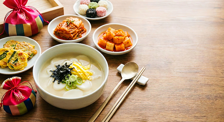 JPG 편집이미지 탁자 밥 반찬 김치 요리 설날 식사 저녁 국 나물 간장 떡국 점심 찬합 편육 편집실사 AI포토 AI콘텐츠 명절 한식 음식 가구 채소 육류 전통음식 양념 야간 CG 도시락 파일형식