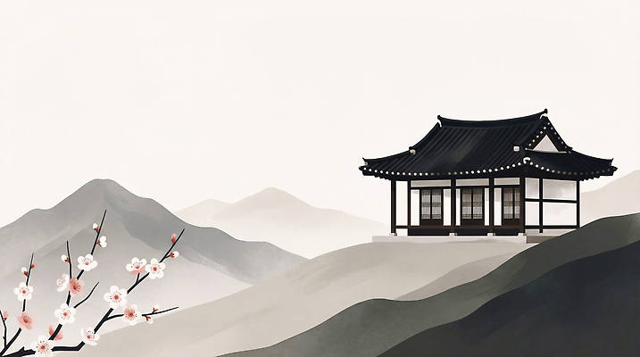 JPG 나무 식물 전통 건축 꽃 문화 일러스트 자연 하늘 산 한옥 한국 풍경 일상 생활 고요 역사 그림 매화 조경 뷰티풀 국내일러스트 AI일러스트 AI콘텐츠 한국전통 아시아 고건축 라이프 생태계 파일형식