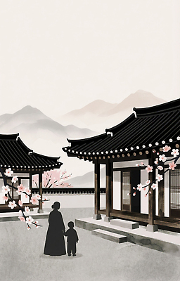 JPG 나무 전통 꽃 문화 길 어린이 여행 일러스트 가족 자연 엄마 아침 산 한옥 한국 풍경 촬영 벚꽃 매화 뷰티풀 국내일러스트 AI일러스트 AI콘텐츠 주간 식물 한국전통 아시아 고건축 관계 사람 생태계 파일형식