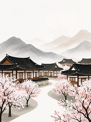 JPG 나무 전통 전통문화 여행 일러스트 자연 하늘 산 한옥 한국 풍경 건물 관광지 세계 평화 정원 봄 벚꽃 매화 뷰티풀 국내일러스트 AI일러스트 AI콘텐츠 식물 한국전통 건축물 계절 꽃 아시아 문화 컨셉 고건축 생태계 파일형식