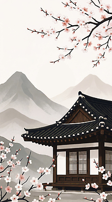 JPG 나무 전통 건축 꽃 문화 여행 일러스트 자연 하늘 바람 날씨 휴식 산 한옥 한국 풍경 봄 벚꽃 매화 조화 뷰티풀 국내일러스트 AI일러스트 AI콘텐츠 자연요소 식물 한국전통 계절 아시아 컨셉 고건축 생태계 파일형식