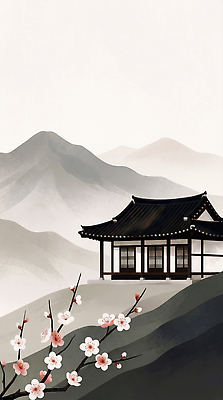JPG 나무 전통 디자인 꽃 문화 화초 일러스트 자연 아침 산 한옥 주택 한국 미소 풍경 건물 고요 대나무 매화 구성 뷰티풀 풍경화 국내일러스트 AI일러스트 AI콘텐츠 주간 식물 한국전통 건축물 아시아 고건축 표정 그림 생태계 파일형식