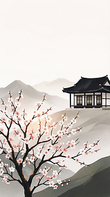 JPG 나무 전통 꽃 일러스트 자연 집안 산 한옥 주택 한국 풍경 햇빛 봄 공간 시간 매화 산기슭 뷰티풀 목가 국내일러스트 AI일러스트 AI콘텐츠 식물 한국전통 계절 아시아 고건축 실내 건물 태양 생태계 파일형식