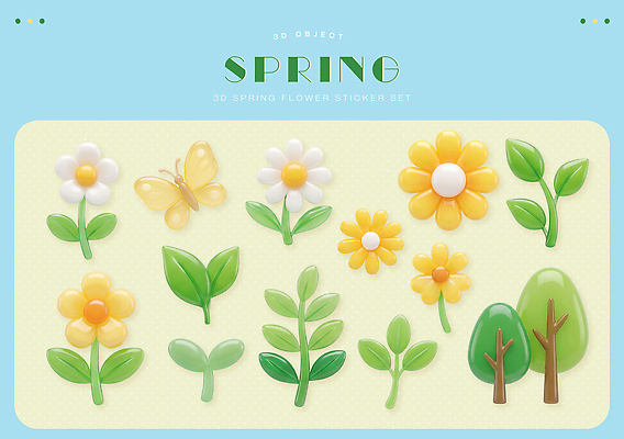 모양 PSD 편집이미지 디자인 꽃 나비 스티커 나뭇잎 장식 초록색 세트 노란색 귀여움 봄 용수철 그림 젤리 꾸미기 창작 편집3D 식물 계절 컬러 곤충 컨셉 잎 디저트 3D 파일형식