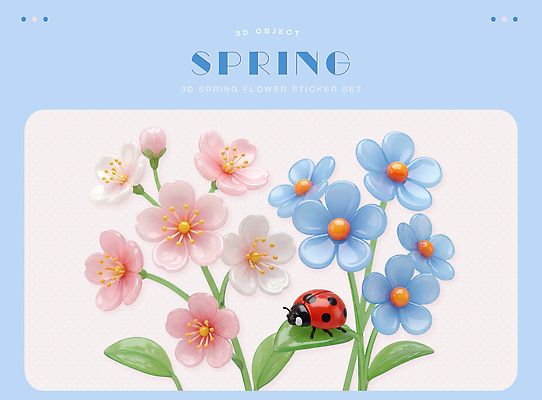 식물 계절 컬러 곤충 디저트 3D 생태계 파일형식 스티커 꽃 봄 디자인 무당벌레 파란색 분홍색 백그라운드 자연 오브젝트 식물원 예술 편집3D 편집이미지 PSD 젤리