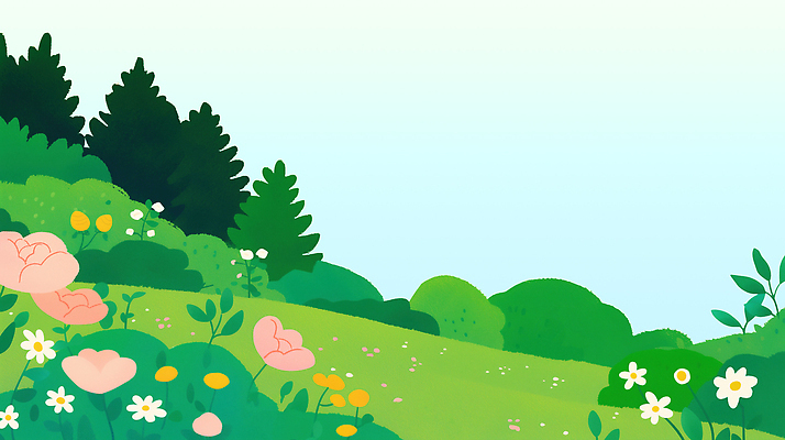 PSD 나무 식물 계절 꽃 일러스트 자연 풍경 초원 초록색 여름 파란색 봄 숲 언덕 생태계 국내일러스트 컬러 파일형식