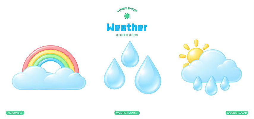 PSD 아이콘 디자인 무지개 날씨 그래픽 세트 3D아이콘 컬러풀 태양 물방울 표현 장면 날씨아이콘 단순화된 자연요소 컬러 파일형식