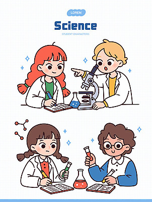 학생 과학 일러스트 협력 생물 현미경 실험기구 실험 경고 학습 공책 도구 관찰 화학 실험실 집중 시험관 물리 국내일러스트 AI파일 교육 컨셉 모션 문구용품 파일형식 벡터