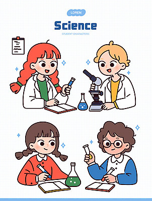 학생 과학 일러스트 모션 협력 생물 현미경 실험 대화 친구 학습 공책 도구 관찰 기록 화학 실험실 즐거움 시험관 국내일러스트 AI파일 교육 감정 관계 문구용품 실험기구 말하기 파일형식 벡터