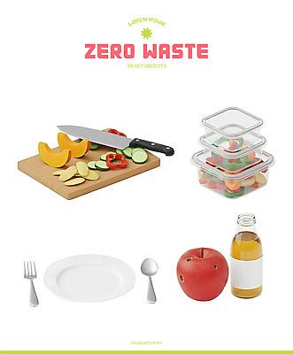 PSD 편집이미지 접시 음식 포크 채소 과일 식탁 요리 컵 주방 식사 칼 사과 쓰레기 준비 제로웨이스트 편집3D 식기 탁자 3D 그린캠페인 사회이슈 파일형식