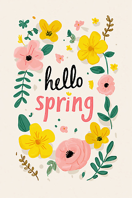 JPG 식물 디자인 계절 꽃잎 꽃 분홍색 컬러 일러스트 자연 생명 밝음 이벤트 그래픽 장식 초록색 노란색 봄 인사말 환영 뷰티풀 국내일러스트 AI일러스트 AI콘텐츠 생태계 파일형식