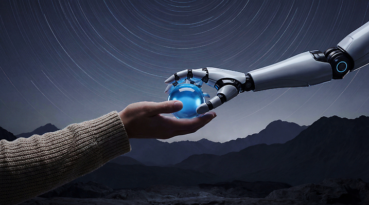 JPG 편집이미지 손 하늘 미래 산 기술 사람 손짓 구슬 로봇 이미지 장면 상호작용 이미지편집 AI컴퓨터그래픽 AI콘텐츠 컨셉 모션 신체부위 파일형식