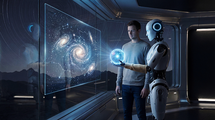 JPG 편집이미지 손 남자 미래 협력 기술 우주 스크린 공간 탐험 로봇 장면 은하 글리치 상호작용 이미지편집 AI컴퓨터그래픽 AI콘텐츠 디자인 컨셉 사람 신체부위 파일형식