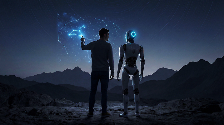 JPG 편집이미지 남자 별 과학 미래 산 기술 아웃도어 사람 우주 별자리 관찰 로봇 심야 상호작용 이미지편집 AI컴퓨터그래픽 AI콘텐츠 자연요소 컨셉 모션 파일형식