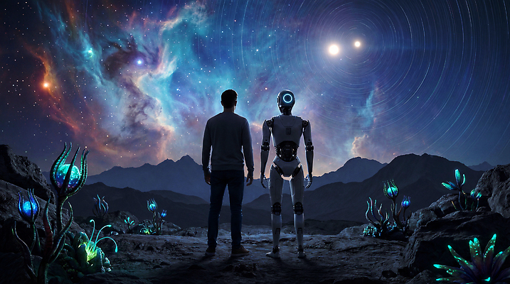 JPG 편집이미지 별 자연 하늘 기술 사람 풍경 우주 감상 탐험 신비 로봇 은하수 이미지편집 AI컴퓨터그래픽 AI콘텐츠 자연요소 컨셉 생태계 파일형식