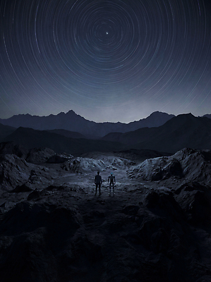 JPG 편집이미지 별 여행 자연 하늘 산 그림자 두명 우주 어둠 고요 탐험 관찰 로봇 경관 이미지편집 AI컴퓨터그래픽 AI콘텐츠 자연요소 모션 사람 풍경 생태계 파일형식