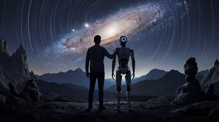 JPG 편집이미지 별 과학 자연 밤하늘 미래 기술 사람 우주 고요 탐험 갈림길 로봇 은하 동반자 이미지편집 AI컴퓨터그래픽 AI콘텐츠 자연요소 길 컨셉 하늘 야간 생태계 파일형식