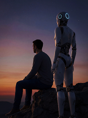 JPG 편집이미지 남자 하늘 미래 기술 대화 풍경 친구 황혼 감상 도전 암석 저녁 로봇 AI_인공지능 이미지편집 AI컴퓨터그래픽 AI콘텐츠 컨셉 관계 말하기 사람 일몰 돌_바위 야간 파일형식