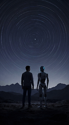 JPG 편집이미지 남자 별 과학 하늘 산 기술 사람 풍경 우주 관찰 저녁 로봇 천문학 설정 신기술 이미지편집 AI컴퓨터그래픽 AI콘텐츠 자연요소 교육 모션 야간 파일형식