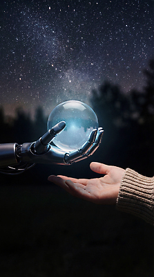 JPG 편집이미지 손 밤하늘 미래 기술 사람 빛 우주 기계 연결 신비 구슬 로봇 순간 이미지편집 AI컴퓨터그래픽 AI콘텐츠 컨셉 하늘 신체부위 야간 파일형식