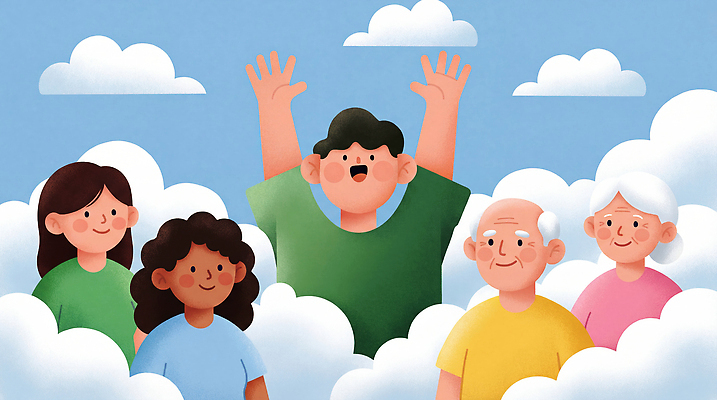 JPG 구름 캐릭터 손 행복 일러스트 가족 모션 하늘 함께함 표정 웃음 사람 친구 기쁨 다양 모임 즐거움 장면 소통 국내일러스트 AI일러스트 AI콘텐츠 자연요소 감정 다수 컨셉 관계 신체부위 파일형식