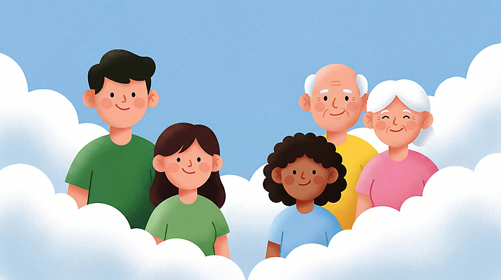 JPG 구름 응시 여자 노년 남자 감정 어린이 일러스트 가족 모션 하늘 커뮤니케이션 이야기 웃음 여러명 기쁨 만남 표현 세대 국내일러스트 AI일러스트 AI콘텐츠 자연요소 시선 다수 컨셉 관계 표정 사람 성인 파일형식