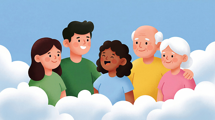 JPG 구름 노년 행복 감정 어린이 상징 포즈 일러스트 가족 관계 하늘 대화 웃음 여러명 친구 다양 모임 표현 국내일러스트 AI일러스트 AI콘텐츠 자연요소 다수 표정 말하기 사람 성인 파일형식