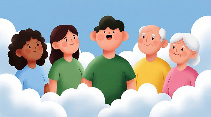 JPG 구름 행복 여유 일러스트 가족 하늘 함께함 이야기 웃음 사람 일상 친구 모임 만남 표현 연령 즐거움 커뮤니티 소통 국내일러스트 AI일러스트 AI콘텐츠 자연요소 감정 컨셉 관계 표정 라이프 파일형식