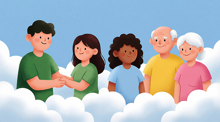 JPG 구름 손 시선 노년 행복 감정 일러스트 가족 하늘 함께함 따뜻함 대화 미소 사람 친구 체험 소통 배려 국내일러스트 AI일러스트 AI콘텐츠 자연요소 컨셉 관계 표정 말하기 성인 신체부위 파일형식