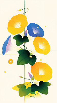 JPG 모양 식물 계절 꽃잎 꽃 줄기 컬러 잎 일러스트 자연 생명 파란색 빛 노란색 정원 성장 원예 나팔꽃 국내일러스트 AI일러스트 AI콘텐츠 취미 생태계 파일형식