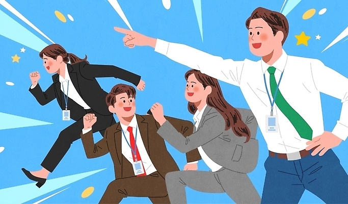 옷 여자 남자 이동 일러스트 비즈니스 모션 회의 미래 협력 직장 여러명 사무실 희망 공간 목표 속도 긍정 열정 교류 소통 국내일러스트 AI파일 감정 다수 컨셉 회사 사람 파일형식 벡터