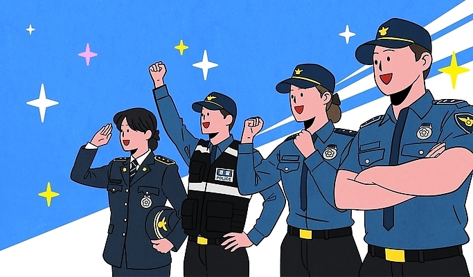 직업 유니폼 일러스트 응원 모션 미래 협력 웃음 안전 희망 기쁨 경찰 보호 서비스 긍정 시민 소통 경찰서 형사 국내일러스트 AI파일 옷 감정 컨셉 표정 국민 파일형식 벡터