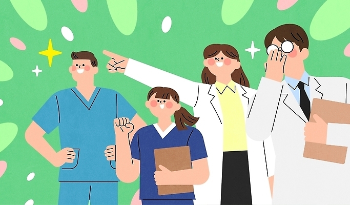 직업 일러스트 의학 회의 미래 협력 건강 병원 실험 대화 치료 희망 진료 환자 간호사 의사 토론 긍정 의견 공유 전문 국내일러스트 AI파일 감정 컨셉 비즈니스 말하기 의료진 파일형식 벡터