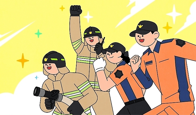 일러스트 모션 미래 협력 웃음 안전 이벤트 희망 작업 구출 경찰 소방관 연습 서비스 긍정 영웅 시민 경찰서 소방서 의무 지원 존경 지역사회 국내일러스트 AI파일 직업 감정 컨셉 표정 도움 구조원 소방 국민 파일형식 벡터