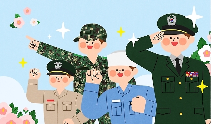 남자 꽃 포즈 백그라운드 일러스트 모션 하늘 미래 군대 기념 미소 웃음 희망 군인 그룹 군복 긍정 세대 소통 연대 국내일러스트 AI파일 식물 직업 감정 컨셉 유니폼 표정 사람 국군 파일형식 벡터