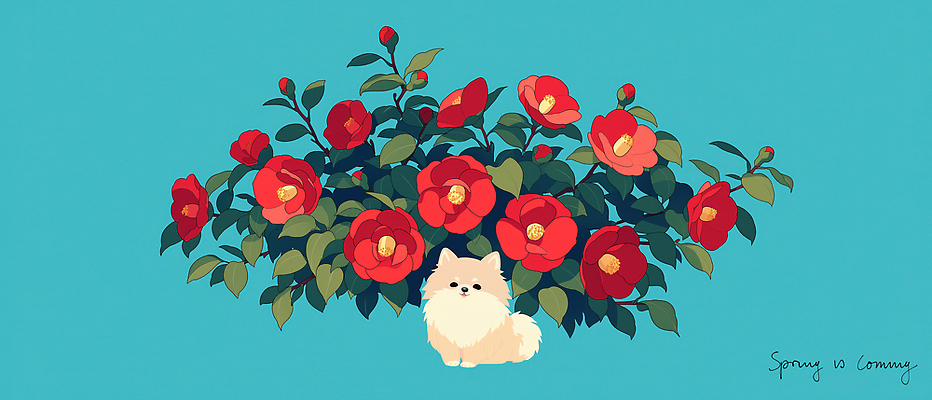 JPG 식물 동물 응시 꽃 컬러 꽃밭 일러스트 자연 앉기 풍경 빨간색 파란색 봄 강아지 위치 뷰티풀 색감 포메라니안 국내일러스트 AI일러스트 AI콘텐츠 시선 계절 모션 반려동물 개 생태계 파일형식