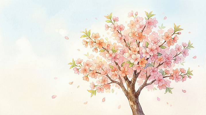 JPG 나무 식물 꽃잎 꽃 일러스트 자연 하늘 날리기 바람 수채화 풍경 봄 감상 벚꽃 나뭇가지 개화 만개 국내일러스트 AI일러스트 AI콘텐츠 자연요소 계절 모션 날씨 생태계 파일형식