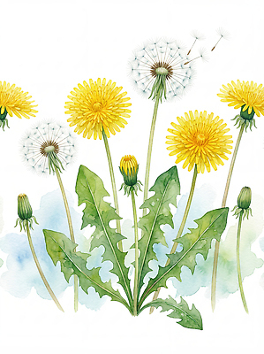 JPG 식물 꽃 화초 잎 일러스트 자연 바람 수채화 씨앗 초록색 노란색 환경 정원 봄 흰색 민들레 꽃봉오리 시기 국내일러스트 자연요소 계절 컬러 날씨 생태계 파일형식