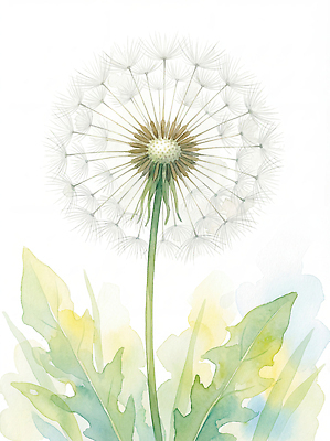 JPG 식물 계절 꽃 줄기 컬러 백그라운드 잎 일러스트 자연 생명 수채화 초록색 물감 성장 원형 머리핀 민들레 뷰티풀 국내일러스트 AI일러스트 AI콘텐츠 도형 장신구 미술도구 생태계 파일형식