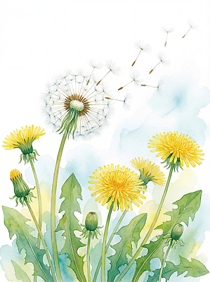 JPG 식물 계절 꽃 일러스트 자연 하늘 생명 바람 수채화 씨앗 풍경 노란색 환경 성장 흰색 민들레 생태계 뿌리 가벼움 뷰티풀 국내일러스트 AI일러스트 AI콘텐츠 자연요소 컬러 날씨 무게 파일형식