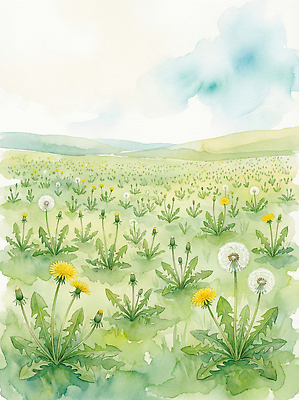 JPG 식물 계절 꽃 일러스트 자연 하늘 바람 수채화 풍경 잔디 초원 초록색 햇빛 환경 목초지 대기 민들레 생태계 뿌리 국내일러스트 AI일러스트 AI콘텐츠 자연요소 컬러 날씨 태양 목장 파일형식 초원_자연