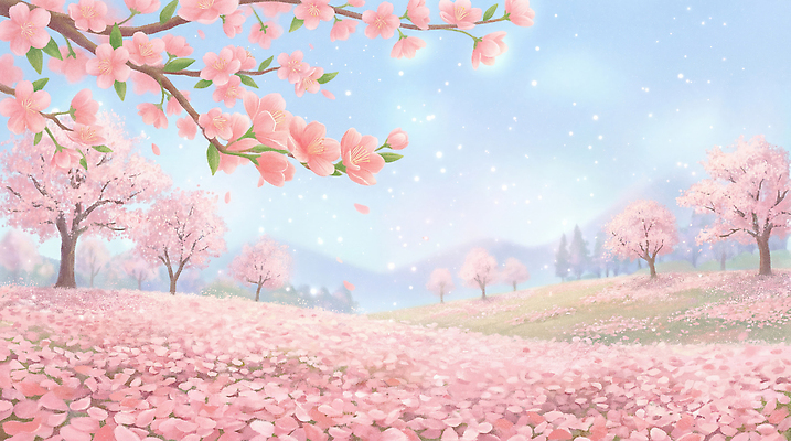 JPG 나무 계절 꽃잎 꽃 분홍색 잎 일러스트 자연 하늘 산 풍경 소풍 봄 벚꽃 개화 언덕 만개 뷰티풀 풍경화 국내일러스트 AI일러스트 AI콘텐츠 식물 컬러 야외활동 그림 생태계 파일형식