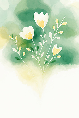 JPG 식물 디자인 꽃 예술 컬러 백그라운드 일러스트 자연 생명 수채화 그래픽 장식 초록색 노란색 흰색 개화 작품 부드러움 뷰티풀 국내일러스트 AI일러스트 AI콘텐츠 미술 감각 생태계 파일형식