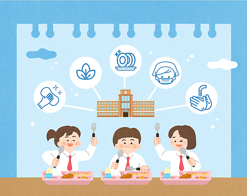 학생 교육 음식 포크 일러스트 교실 학교 식탁 함께함 건강 마스크 안전 건물 친구 식사 나이프 위생 점심 손씻기 소독 국내일러스트 AI파일 식기 건축물 컨셉 관계 탁자 칼 씻기 파일형식 벡터