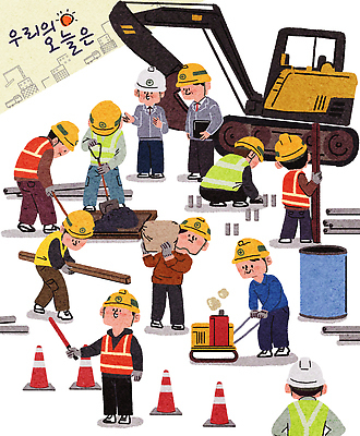 건축 길 컨셉 교통시설 산업장비 헬멧 안전장비 파일형식 작업자 안전모 도로 작업 협력 기계 도구 안전 중장비 소통 파이프 구조물 바닥 자재 교통 수리 PSD 국내일러스트 일러스트