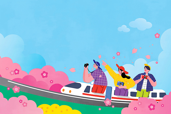 꽃 길 컬러 여행 꽃밭 일러스트 자연 하늘 사람 풍경 친구 소풍 여행객 봄 기차 즐거움 기차여행 만개 봄여행 국내일러스트 AI파일 식물 계절 감정 육상교통 관계 대중교통 야외활동 생태계 파일형식 벡터