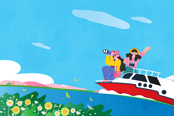 꽃 바다 여행 일러스트 모션 자연 하늘 산 사람 풍경 일상 물 친구 촬영 탐험 보트 즐거움 봄여행 국내일러스트 AI파일 자연요소 식물 감정 배_교통 관계 라이프 봄 생태계 파일형식 벡터
