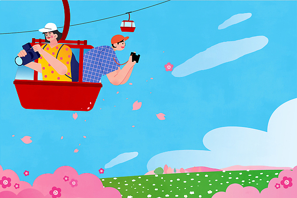 꽃 여행 이동 꽃밭 일러스트 자연 하늘 풍경 여러명 야외 친구 카메라 촬영 체험 즐거움 출발 케이블카 봄여행 순간 국내일러스트 AI파일 식물 감정 다수 컨셉 관계 사람 전자제품 봄 생태계 파일형식 벡터